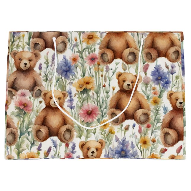 Grand Sac Cadeau Cartoon Motif Ours Teddy Avec Fleurs Aquarelles (Devant)