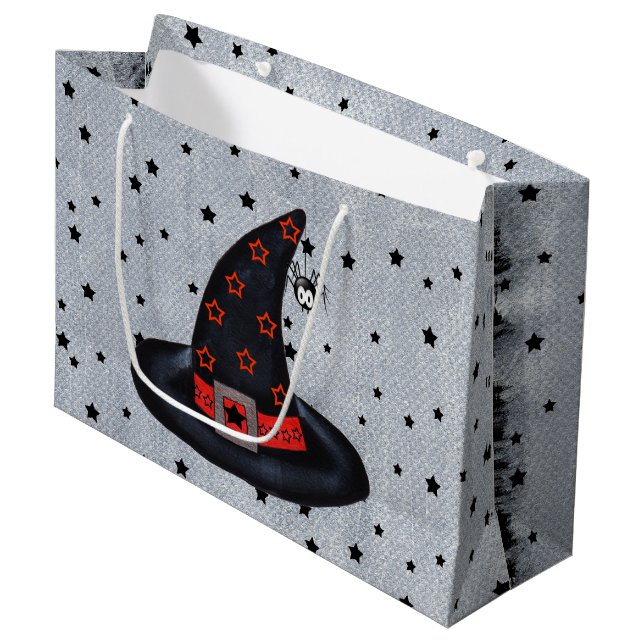 Grand Sac Cadeau Casquette de sorcière noire étoiles mignonne araig (Devant Angle)