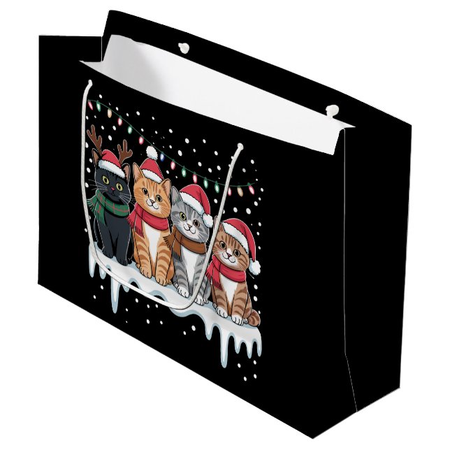 Grand Sac Cadeau Cat Christmas Light Reindeer Santa Cat Lover (Devant Angle)