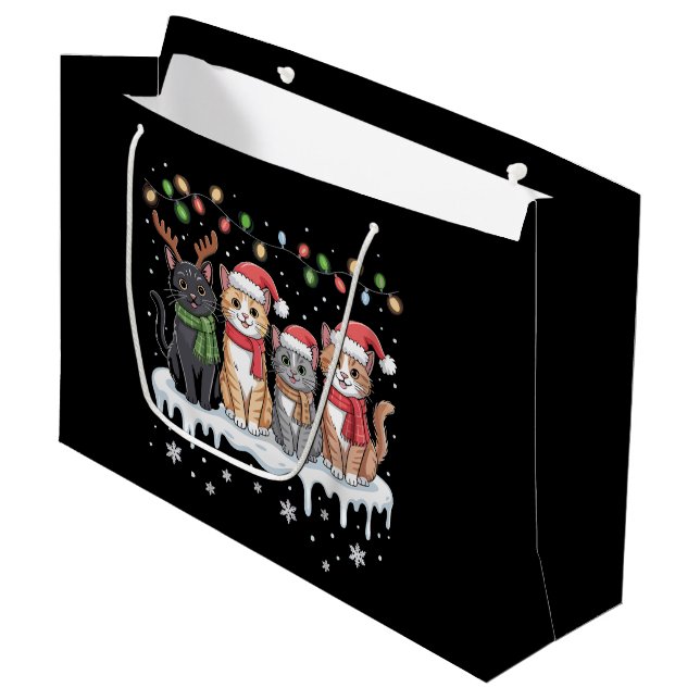 Grand Sac Cadeau Cat Christmas LightS Père Noël Amoureux des chats  (Devant Angle)