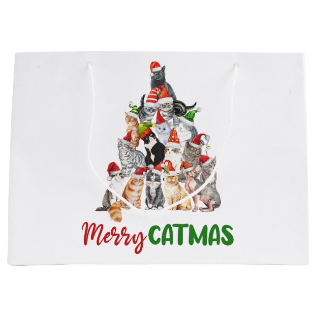 Grand Sac Cadeau Cat Christmas Tree Amoureux des chats Noël Fêtes d (Devant)