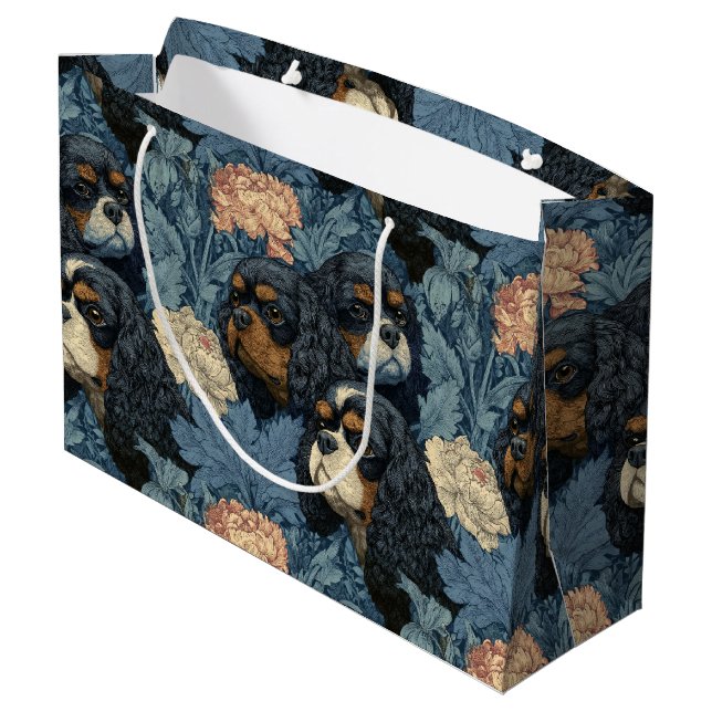 Grand Sac Cadeau Cavalier King Charles Floral Blue Design (Dos Angle)