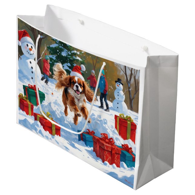 Grand Sac Cadeau Cavalier King Charles Spaniel Neige avec Noël (Devant Angle)