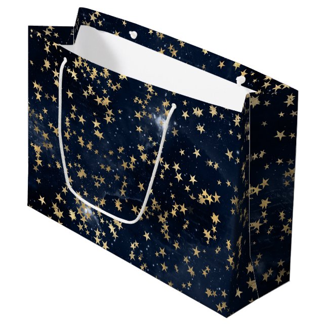 Grand Sac Cadeau Celestial Golden Stars on Navy Galaxy Background (Devant Angle)