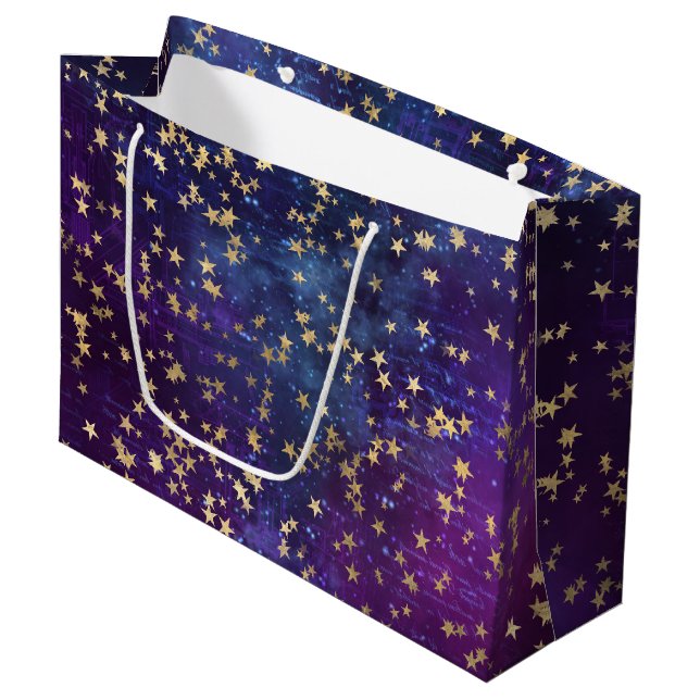 Grand Sac Cadeau Celestial Golden Stars on Purple Galaxy Background (Devant Angle)