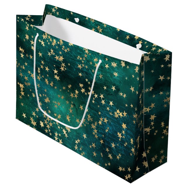 Grand Sac Cadeau Celestial Golden Stars on Teal Galaxy Background (Devant Angle)