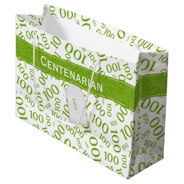 Grand Sac Cadeau Centenaire 100e anniversaire Green Collage Motif (Devant Angle)