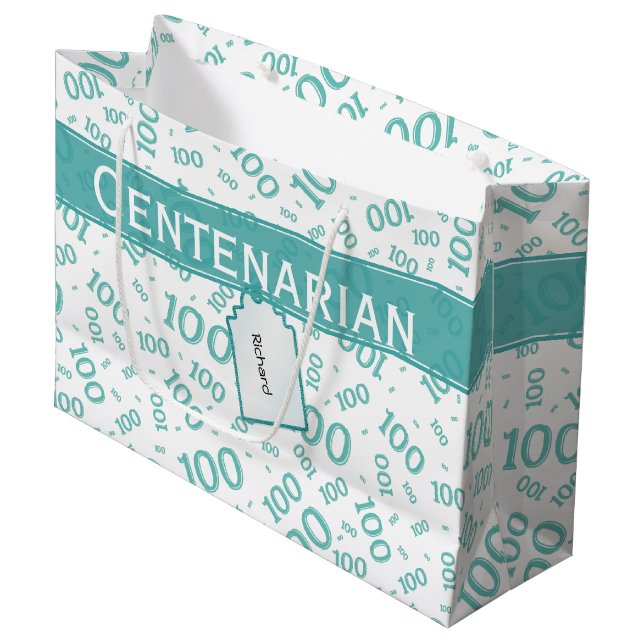 Grand Sac Cadeau Centenarian 100e Turquoise Motif de nombre aléatoi (Devant Angle)