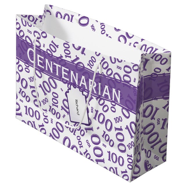 Grand Sac Cadeau Centenarian 100th Purple Random Number Motif (Devant Angle)