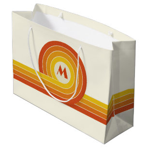 Grand Sac Cadeau Cercles et lignes de style rétro jaune et orange