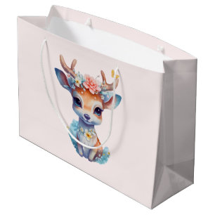 Grand Sac Cadeau Cerf de Bébé mignon avec Antlers et Fleurs