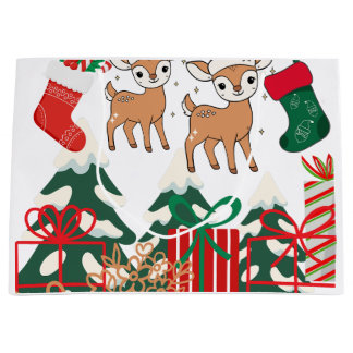 Grand Sac Cadeau Cerf de dessin animé et éléments de Noël