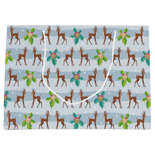 Grand Sac Cadeau Cerf de Noël d'hiver avec Holly Retro inspiré (Devant)