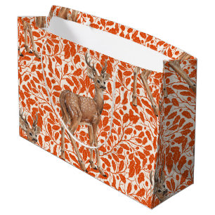 Grand Sac Cadeau Cerf sur le motif damassé de chêne décoratif en or
