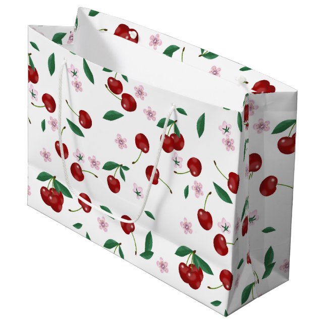 Grand Sac Cadeau Cerises rouges botaniques Verdure et fleurs (Devant Angle)
