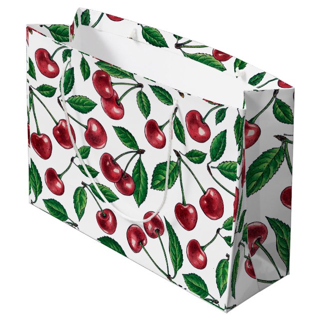 Grand Sac Cadeau Cerises rouges sur blanc (Dos Angle)