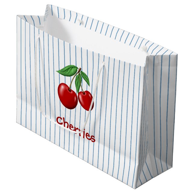 Grand Sac Cadeau Cerises rouges sur Bleu Motif graphique (Devant Angle)