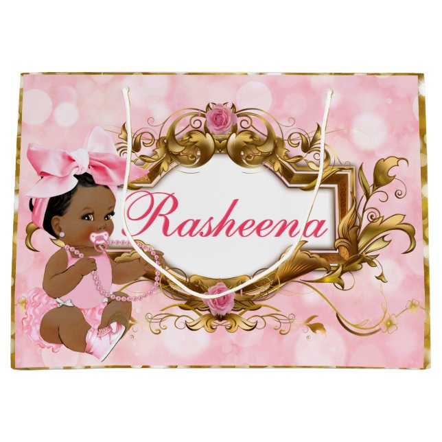Grand Sac Cadeau C'est une fille Ethnique Baby Girl Pink Bow & Pear (Devant)
