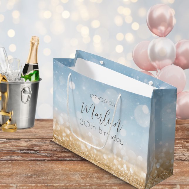 Grand Sac Cadeau Champagne d'anniversaire ciel bleu brillant or sci (Champagne celebration. An elegant light gold and sparling blue gift bag for her. Girly and glamorous)