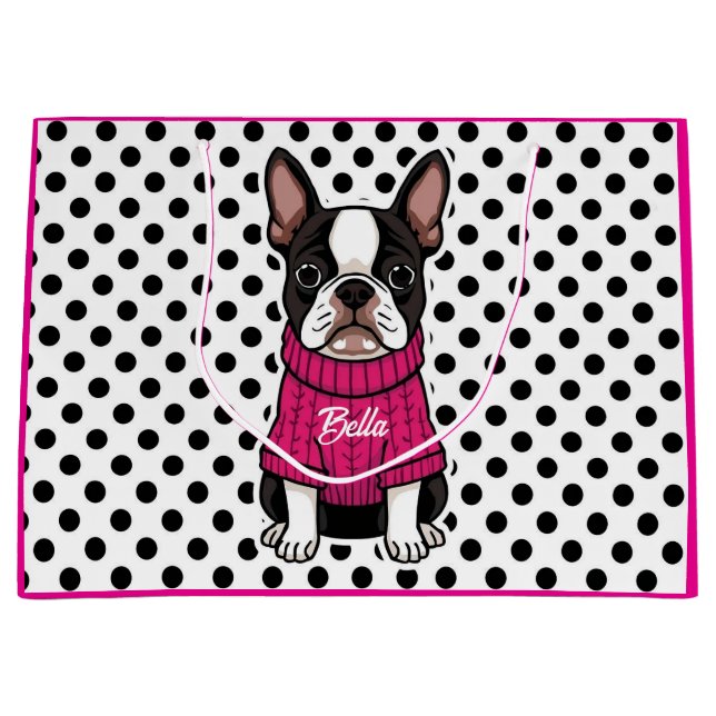Grand Sac Cadeau Chandail rose de chien de chien mignon Boston Pers (Devant)
