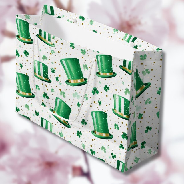 Grand Sac Cadeau Chapeaux verts dorés de luxe et trèfles blancs (Créateur téléchargé)