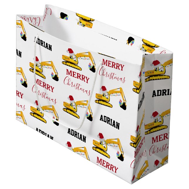 Grand Sac Cadeau Chariot d'excavation de Noël Nom personnalisé (Devant Angle)
