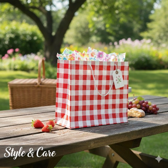 Grand Sac Cadeau Charmant rouge En vichy chèque Motif Décor (Charming Red Gingham Check Pattern Decorative Large Gift Bag)