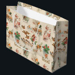 Grand Sac Cadeau Charming Vintage Christmas Birds and Holly<br><div class="desc">Lovely winter holiday vignettes featuring sweet birds perched on holly and in flight with rustic landscapes and cottages on warm ecru background with faux embossed damask pattern.</div>