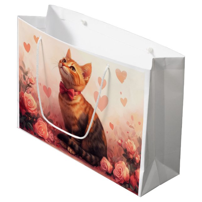 Grand Sac Cadeau Chat abyssin avec des roses - Saint-Valentin (Devant Angle)