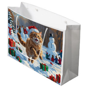 Grand Sac Cadeau Chat angora turc courant dans la neige avec un cha