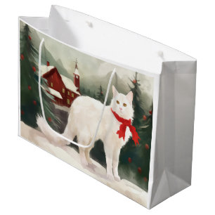 Grand Sac Cadeau Chat Angora turc en Noël de neige