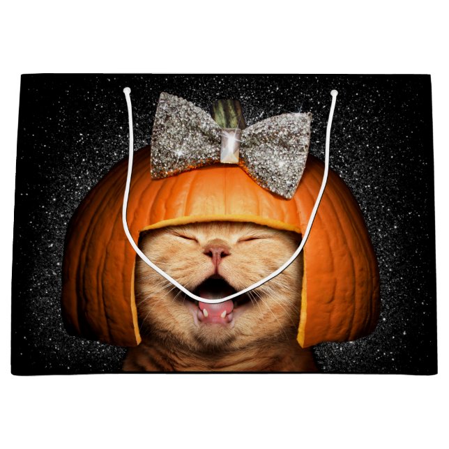 Grand Sac Cadeau Chat aux cheveux Citrouilles (Devant)