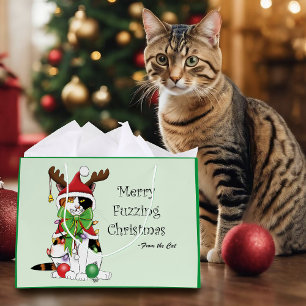 Grand Sac Cadeau Chat Calico de Noël amusant