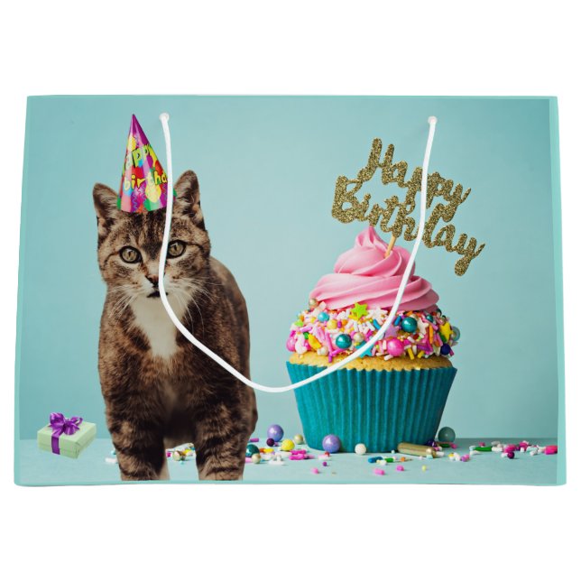 Grand Sac Cadeau Chat d'anniversaire amusant avec Cupcake (Devant)