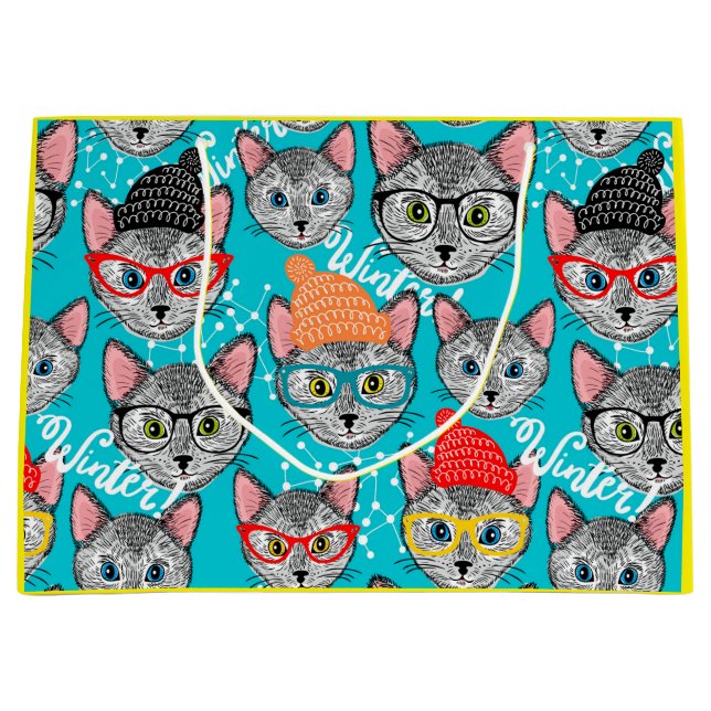 Grand Sac Cadeau Chat dans le casquette (Devant)
