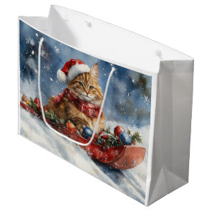Grand Sac Cadeau Chat de Maine Coon en sledge Laisser neiger Noël