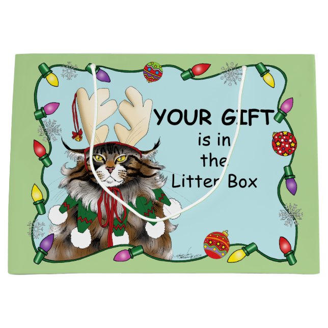 Grand Sac Cadeau Chat de Noël impertinent Humour Maine Coon Vert Dr (Devant)