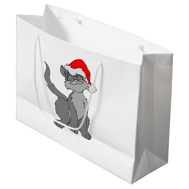 Grand Sac Cadeau Chat du Père Noël avec chapeau de santa rouge (Devant Angle)