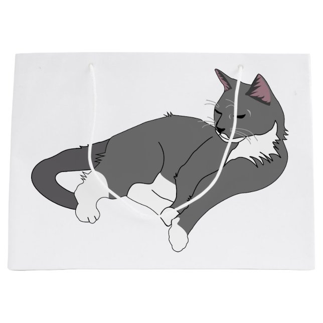 Grand Sac Cadeau Chat gris et blanc Tuxedo (Devant)