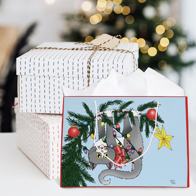 Grand Sac Cadeau Chat gris ludique suspendu à l'arbre de Noël (Créateur téléchargé)