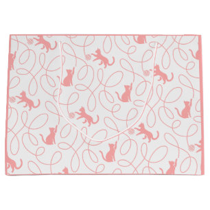 Grand Sac Cadeau Chat ludique et motif de pelote de laine Rose cora