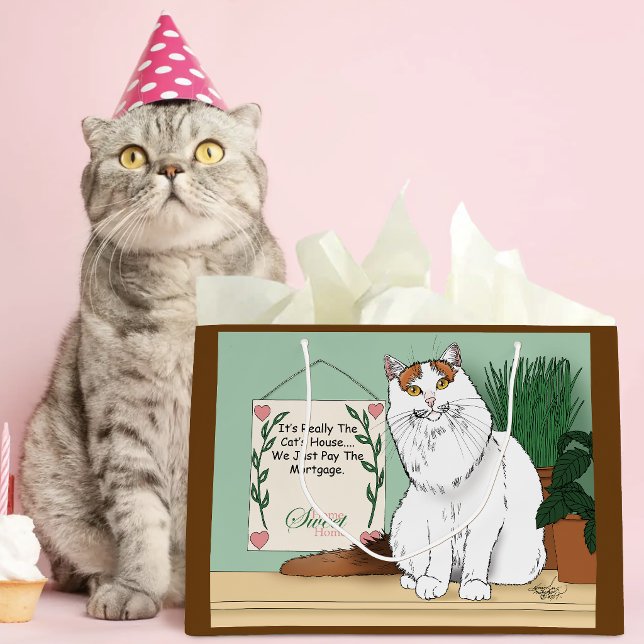 Grand Sac Cadeau Chat mignon blanc orange humour maison (Créateur téléchargé)