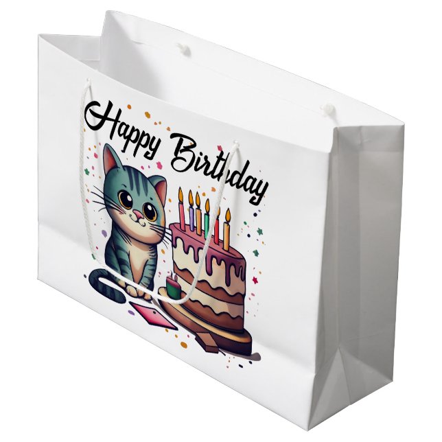 Grand Sac Cadeau Chat mignon Joyeux anniversaire (Devant Angle)