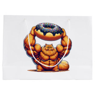 Grand Sac Cadeau Chat Musclé qui Soulève un Beignet