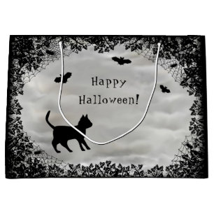 Grand Sac Cadeau Chat noir avec chauve-souris, Joyeux Halloween!
