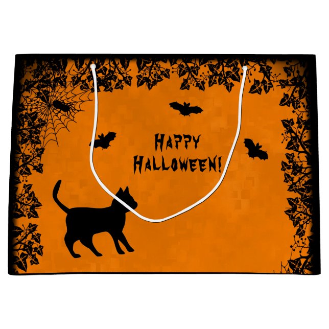 Grand Sac Cadeau Chat noir avec chauve-souris, Joyeux Halloween! (Devant)