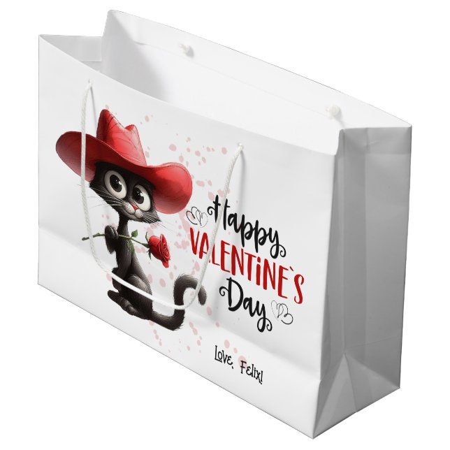 Grand Sac Cadeau Chat noir avec Cowboy Casquette Joyeux Valentines  (Devant Angle)