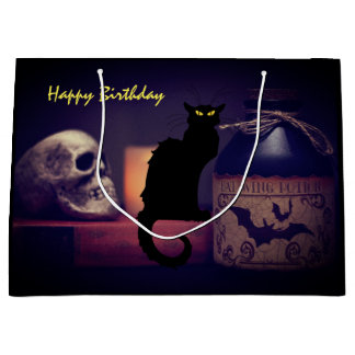 Grand Sac Cadeau Chat noir effrayant et crâne Joyeux anniversaire H