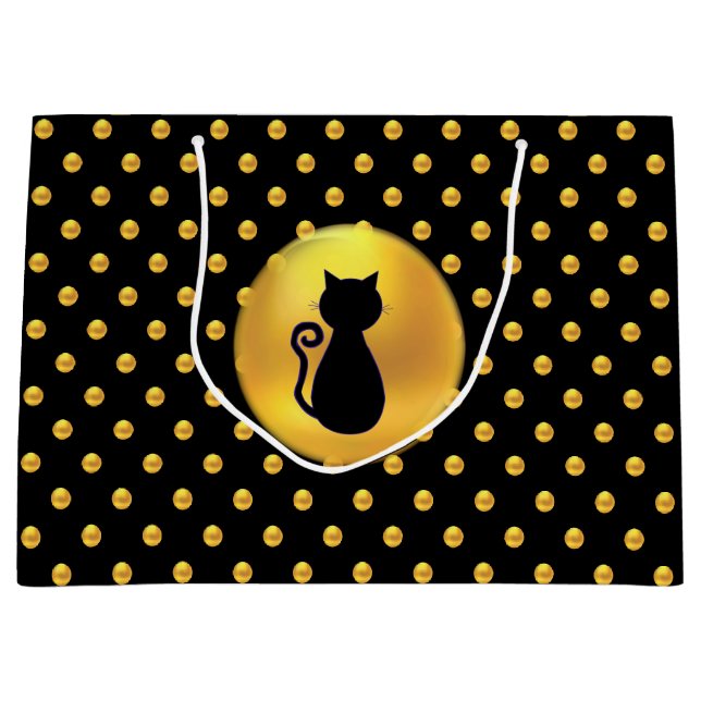 Grand Sac Cadeau Chat noir et pois dorés (Devant)