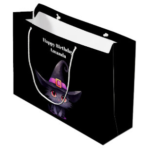 Grand Sac Cadeau Chat noir mignon portant une sorcière Casquette An
